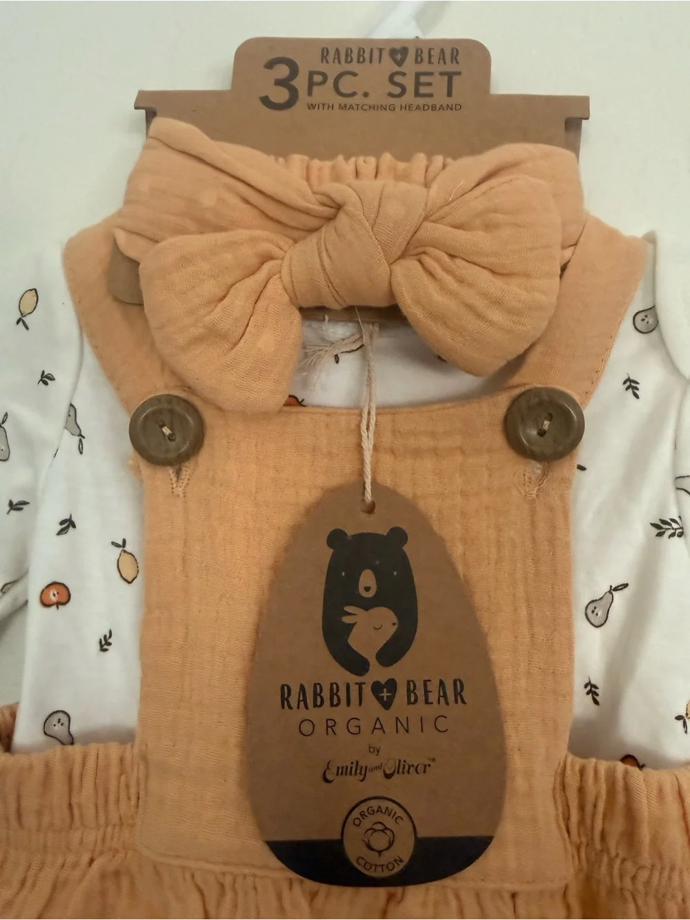 Rabbit & Bear Organic Kids' Tan Bow Headband and Pinafore Set